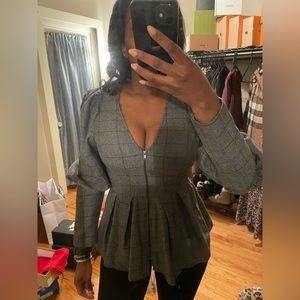 Balloon sleeves pleated front zipper blouse
